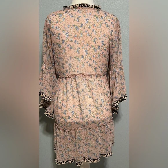 Umgee Leopard Trim Floral Boho Dress Tassel Tie 3/4 Sleeve Cottagecore Large - Picture 3 of 8